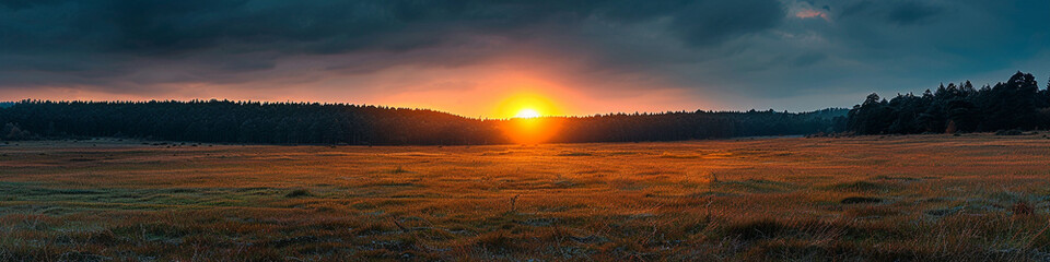 Dramatic sunset lighting up a plain wild grass field, with a dense forest on the horizon, highlighting the peaceful transition from day to night.