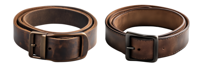 Two leather belts with metal buckles in different orientations showcasing their craftsmanship and design.