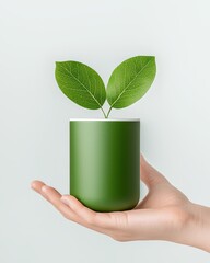 A hand holding a green pot with fresh leaves, symbolizing growth and nature.