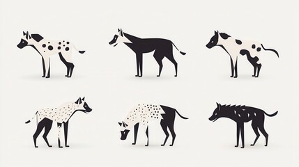 Fototapeta premium Stylized Black and White Animal Illustrations Featuring Various Dog-like Creatures on a Light Background