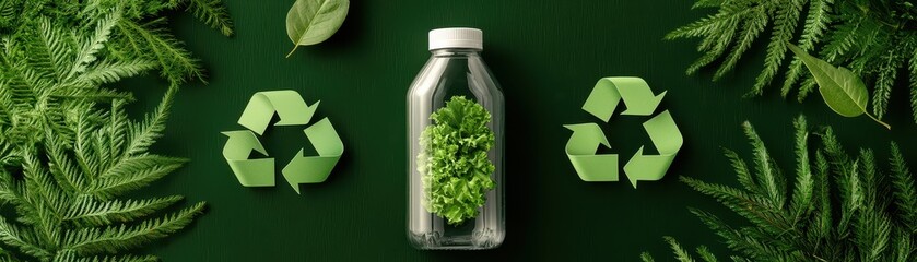 A green-themed composition featuring recycling symbols and a bottle filled with leaves.