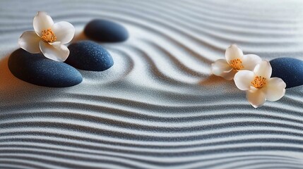 Tranquil Zen Garden with Raked Sand, Stones, and Flowers for Elegant Banner Design