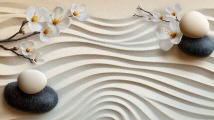 Tranquil Zen Garden with Raked Sand, Stones, and Flowers for Elegant Banner Design