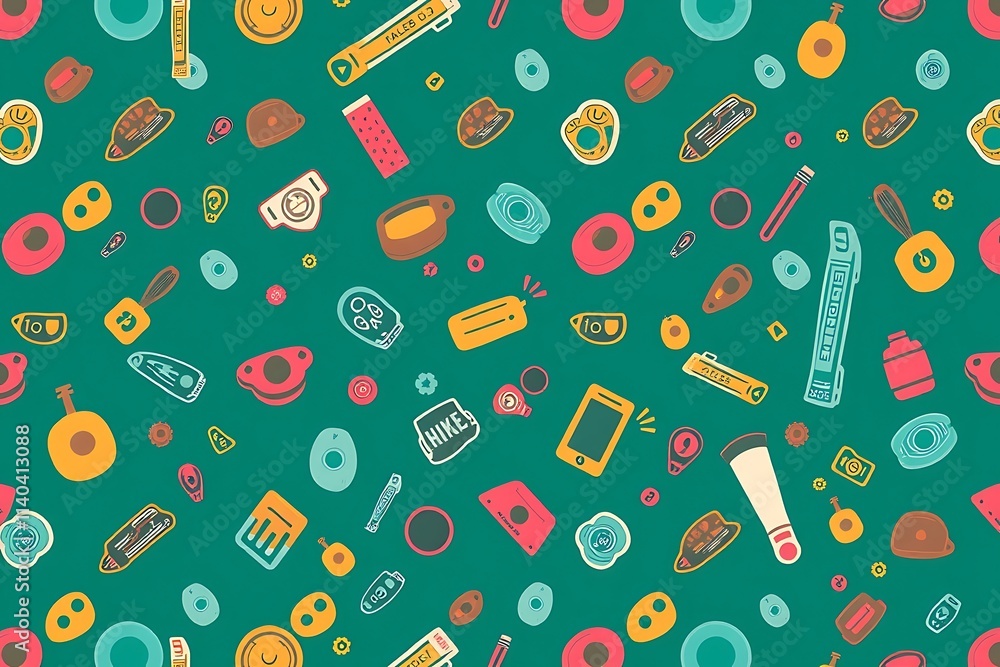 Poster vibrant teal pattern: a cheerful and whimsical pattern featuring a playful mix of colorful icons, do