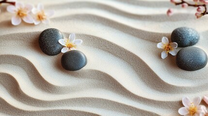 Tranquil Zen Garden with Raked Sand, Stones, and Flowers for Elegant Banner Design