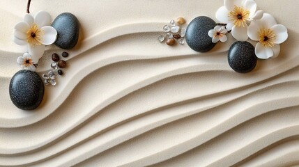 Tranquil Zen Garden with Raked Sand, Stones, and Flowers for Elegant Banner Design