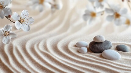 Tranquil Zen Garden with Raked Sand, Stones, and Flowers for Elegant Banner Design