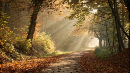 Obraz premium Sunbeams are filtering through trees in a colorful autumn forest, illuminating a path covered with fallen leaves, creating a magical and serene atmosphere