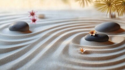 Tranquil Zen Garden with Raked Sand, Stones, and Flowers for Elegant Banner Design