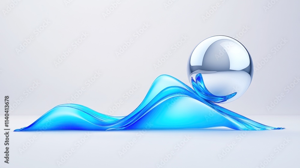 Poster a shiny sphere rests on a flowing blue wave, creating a dynamic scene.