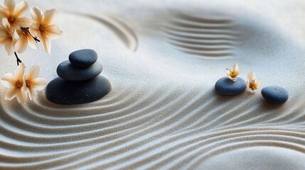 Tranquil Zen Garden with Raked Sand, Stones, and Flowers for Elegant Banner Design