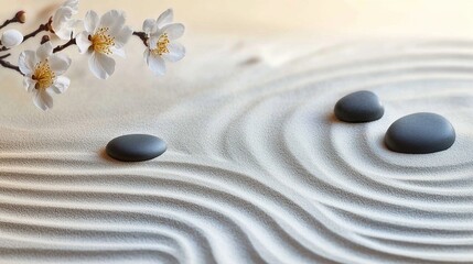 Tranquil Zen Garden with Raked Sand, Stones, and Flowers for Elegant Banner Design