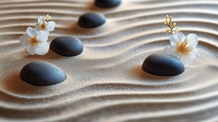 Tranquil Zen Garden with Raked Sand, Stones, and Flowers for Elegant Banner Design