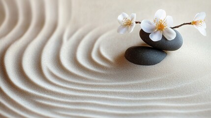 Tranquil Zen Garden with Raked Sand, Stones, and Flowers for Elegant Banner Design