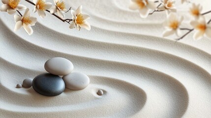Tranquil Zen Garden with Raked Sand, Stones, and Flowers for Elegant Banner Design