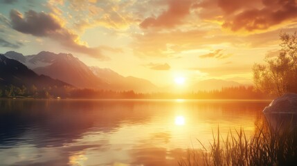 Fototapeta premium Tranquil Sunset Over Serene Lake and Mountains