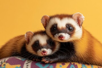 Adorable Ferrets Snuggling Together Against a Bright Yellow Background Captured in a Warm and Charming Moment