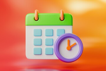 A 3D rendered colorful calendar icon with a clock  symbolizing scheduling and time management.