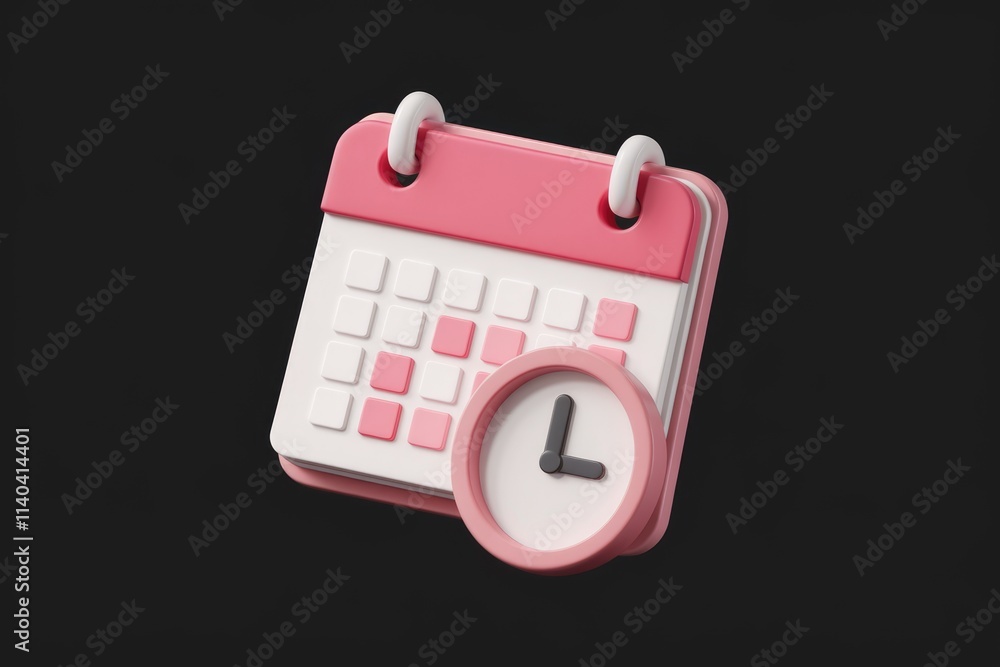 Fototapete A 3D render of a pink calendar icon with a clock  symbolizing scheduling and time management.