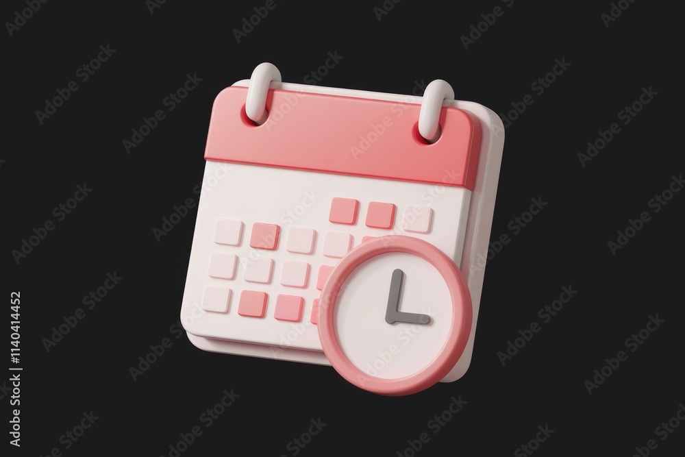 Aufkleber 3D render of a pink calendar icon with a clock  symbolizing scheduling and time management.