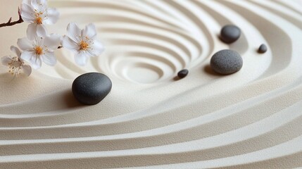 Tranquil Zen Garden with Raked Sand, Stones, and Flowers for Elegant Banner Design
