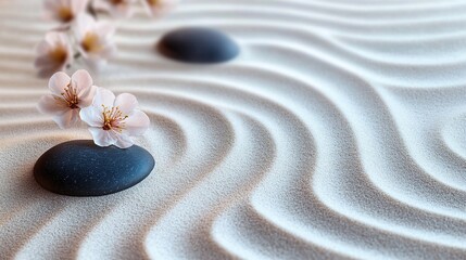 Tranquil Zen Garden with Raked Sand, Stones, and Flowers for Elegant Banner Design