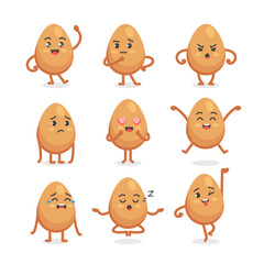 Set of emotions and poses of the egg character in a cute cartoon funny flat style.