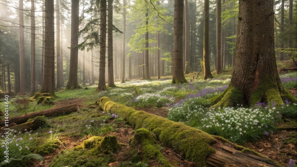 Poster sunbeams filtering through the trees create a magical atmosphere in a misty forest, where wildflower