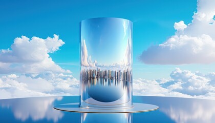 A surreal glass structure reflecting a city skyline under bright clouds and blue sky.