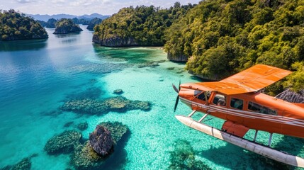 Obraz premium A vibrant seaplane flies above crystal-clear waters, revealing stunning coral reefs and lush green islands in a tropical paradise.