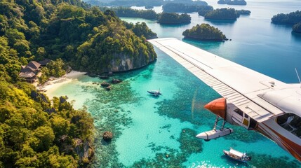 Fototapeta premium Aerial view of a tropical paradise, featuring clear blue waters, lush green islands, and an airplane wing, evoking a sense of adventure and tranquility.