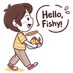 Cheerful Child Holding Fish Bowl with a Playful Expression and Fun Dialogue in Cartoon Style