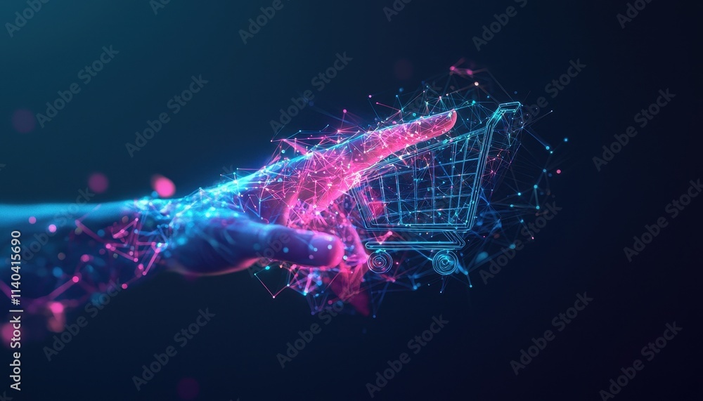 Poster abstract representation of digital shopping concept with hand and shopping cart in 3d technology des