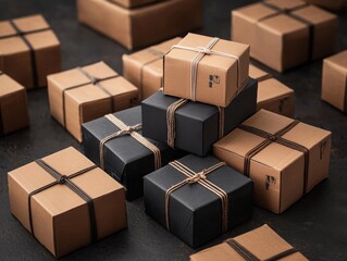Fototapeta premium Assorted Wrapped Cardboard Boxes in Brown and Black Colors Piled Together on a Dark Surface for Packaging and Shipping Concepts