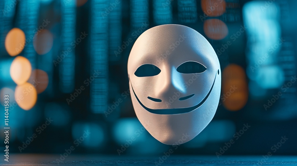 Poster anti tracking encryption. a smiling mask floating in a digital backdrop, symbolizing anonymity and d