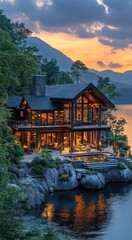 Fototapeta premium Lakeside luxury cabin at sunset, glowing warmly.