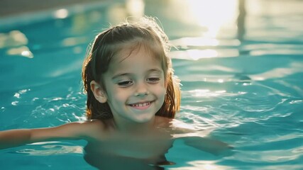 A cheerful young girl swimming in a pool during a sunny day, splashing water with a bright smile on her face. The clear water reflects joy and summer fun.