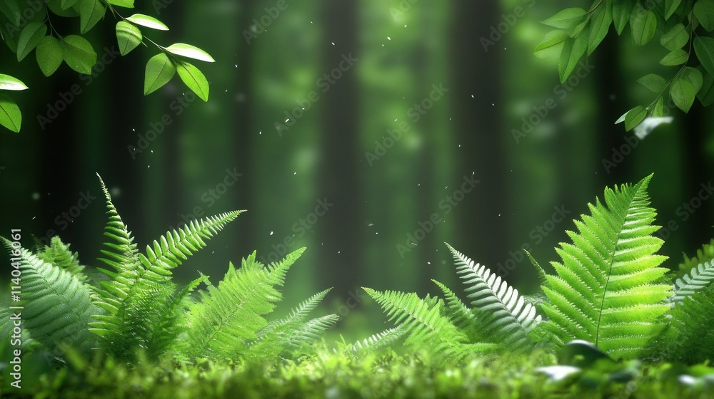 Poster lush green ferns in a serene forest setting with soft lighting.