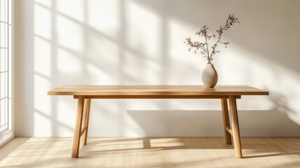 Elegant Wooden Table with Simple Vase and Branch Decor Under Soft Natural Light in Minimalist Interior Setting