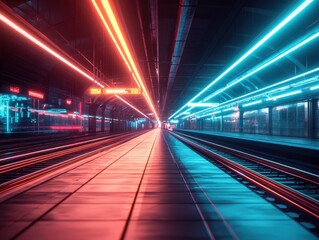 Fototapeta premium A vibrant, futuristic train station featuring illuminated tracks with dynamic blue and red lighting effects.