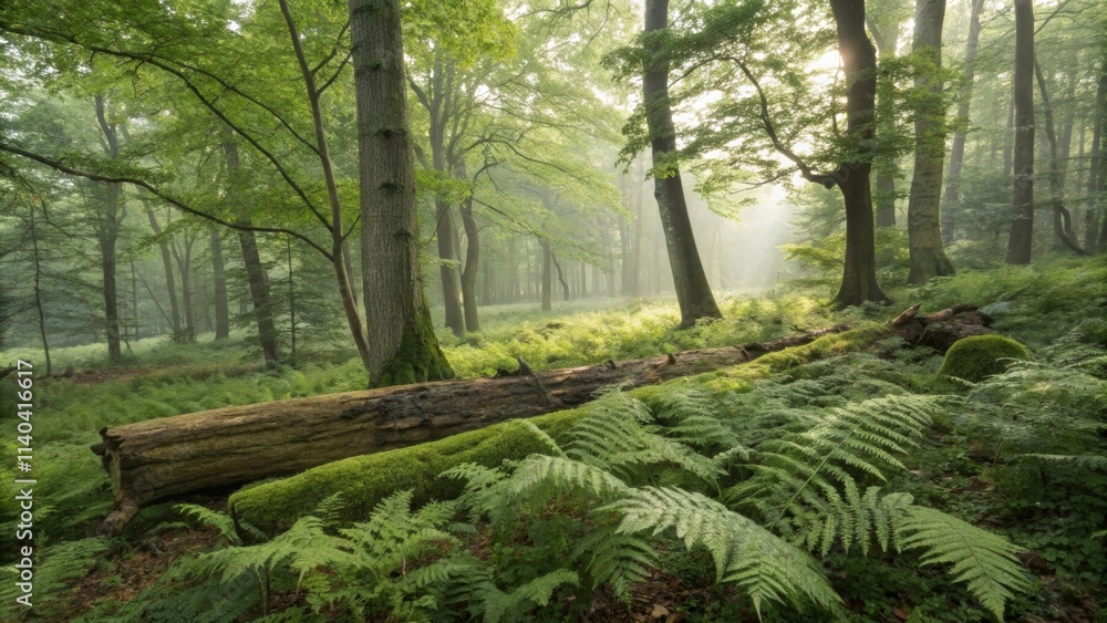 Poster sunbeams filtering through a misty forest canopy create a magical atmosphere, illuminating a fallen 