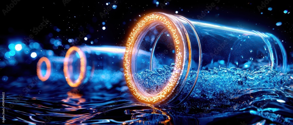 Poster close-up of illuminated glasses in water, creating a vibrant and dynamic visual effect.