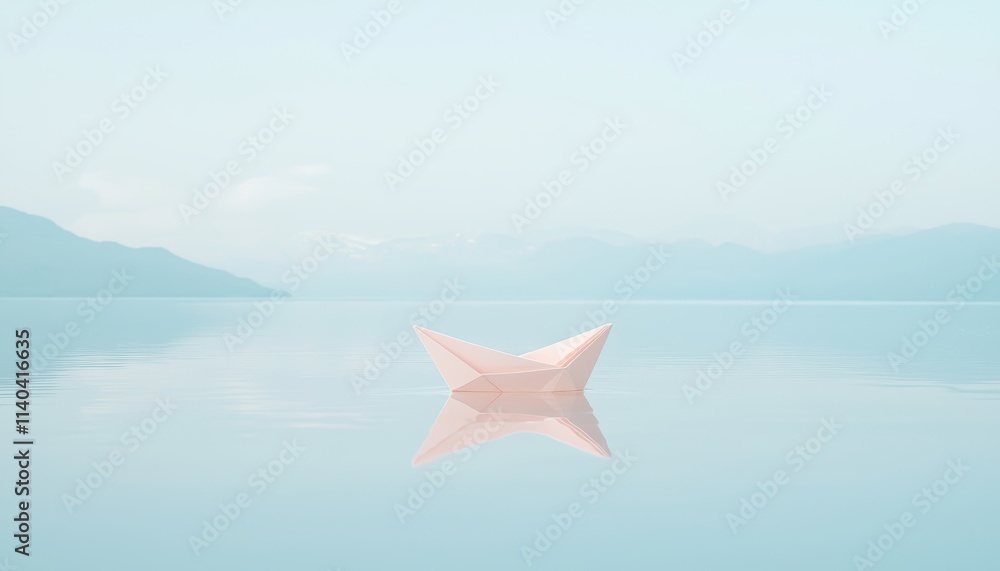 Poster tranquil minimalistic scene of a paper boat floating on calm waters with soft tones and subtle refle