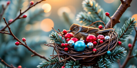 Bird Nest Adorned with Christmas Ornaments - Blending nature with festive cheer. backdrop background digital art crisp oilpinting minimalist sharp details funny background copyspace
