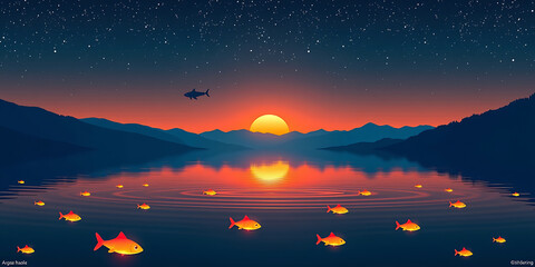 The Idea Reservoir - A glowing lake where teams fish out concepts. backdrop background digital art crisp oilpinting minimalist sharp details funny background copyspace