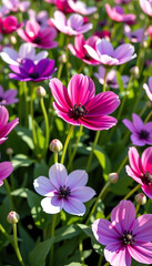 Fototapeta premium Anemone Bloom - Anemone flowers in shades of purple pink and white swaying in the wind. background copyspace