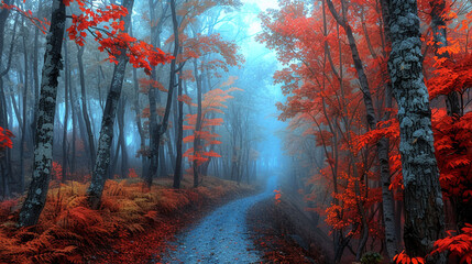 Obraz premium Mystical autumn forest bathed in blue fog, with a winding path through trees adorned with bright red and orange leaves. A serene and magical nature scene.