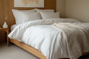 Serene Modern Bedroom Interior with Luxurious Bedding and Cozy Textures in Neutral Tones