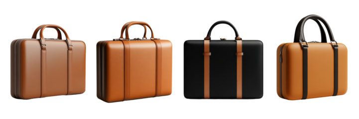 A collection of stylish, leather briefcases in various colors and designs, showcasing elegant handles and refined detailing.