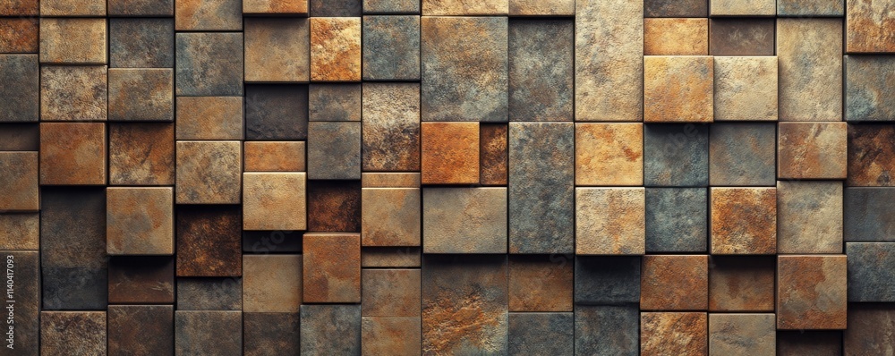 Poster textured mosaic tiles arranged in the shape of a wall. semigloss, square, blocks stacked to create a